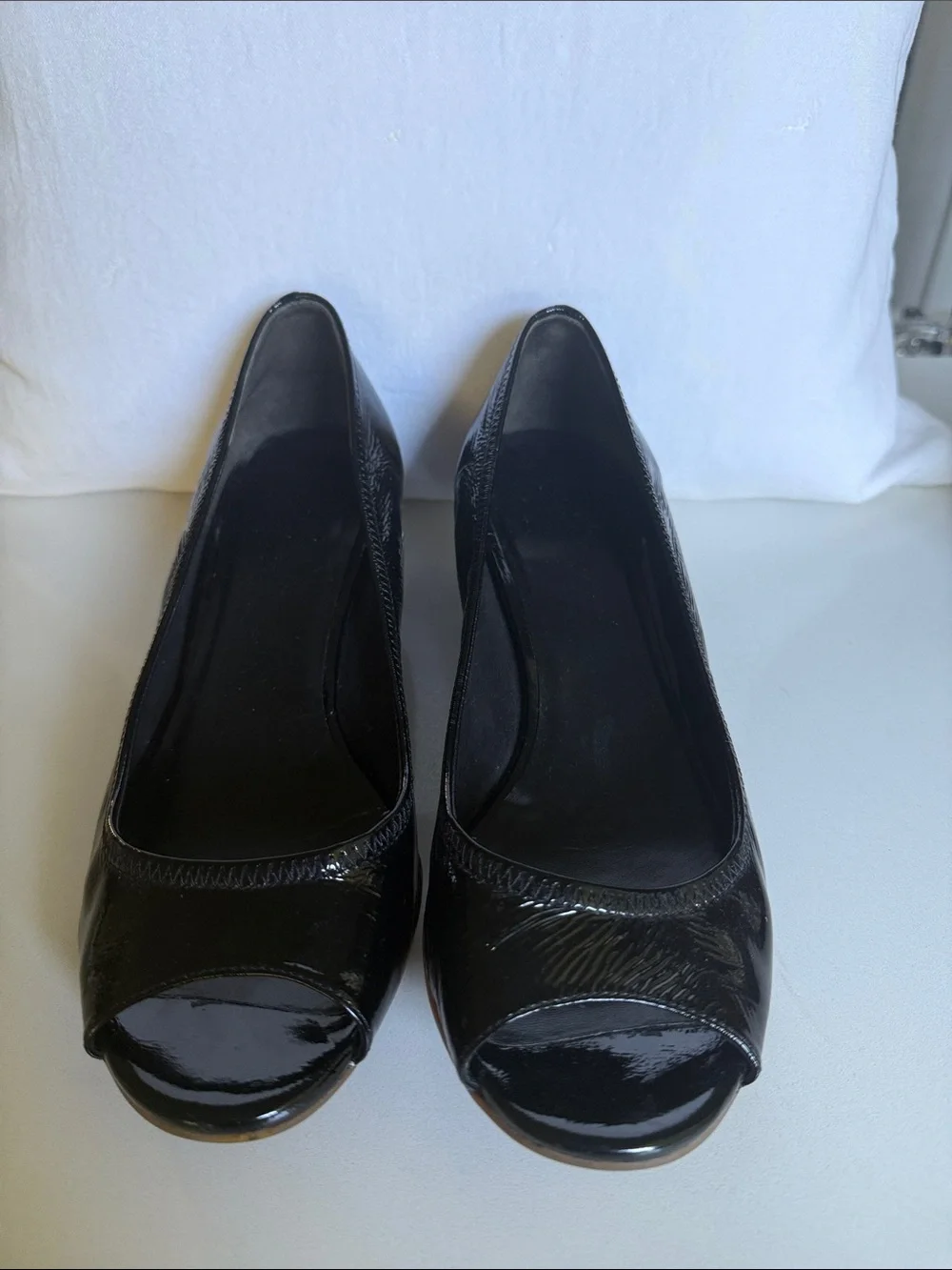 Cole Haan Air Tali Black Patent Leather Open Toe Wedge Pump Heels Shoe Womens 7B